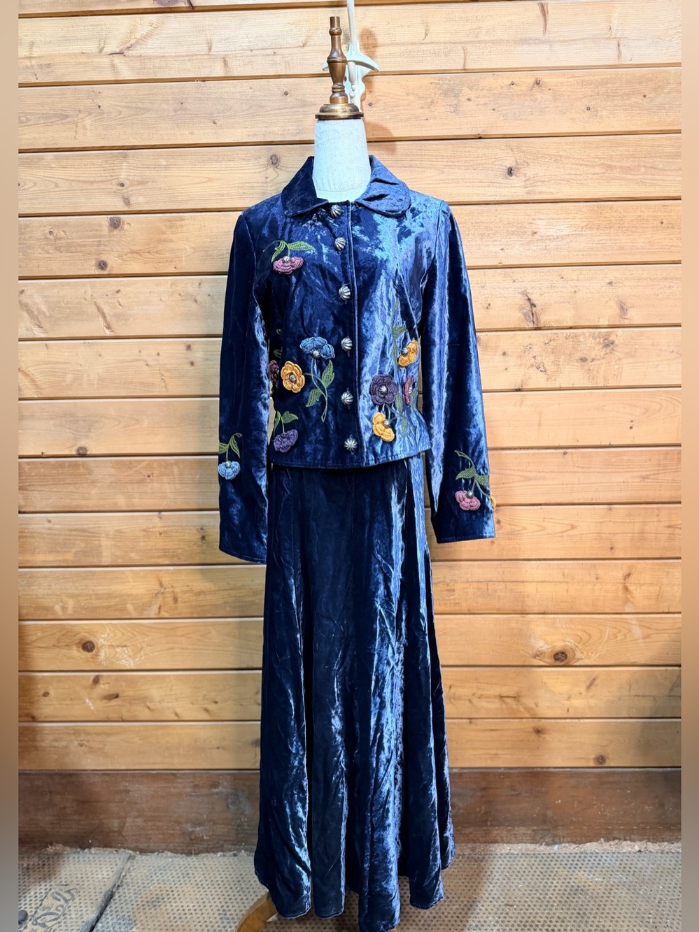 Double D Ranch Wear DD Blue Velvet Jacket Maxi Skirt Set Western Concho XS S